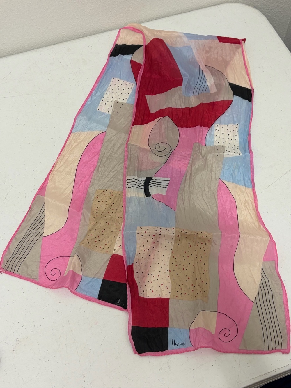 VTG (70/80’s) Abstract Patchwork Silk-Blend Scarf in Pink & Red